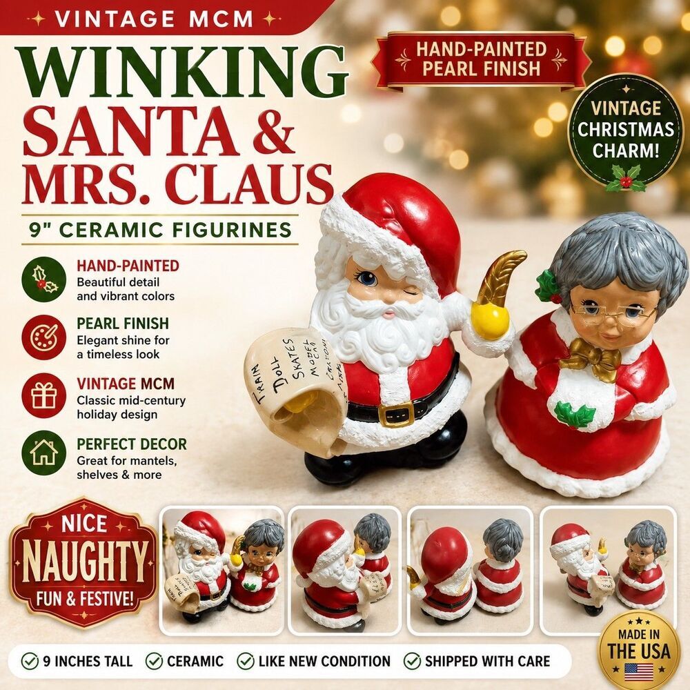 🎅 Vintage MCM Winking Santa & Mrs Claus 9" Ceramic Figurines Pearl Finish USA
